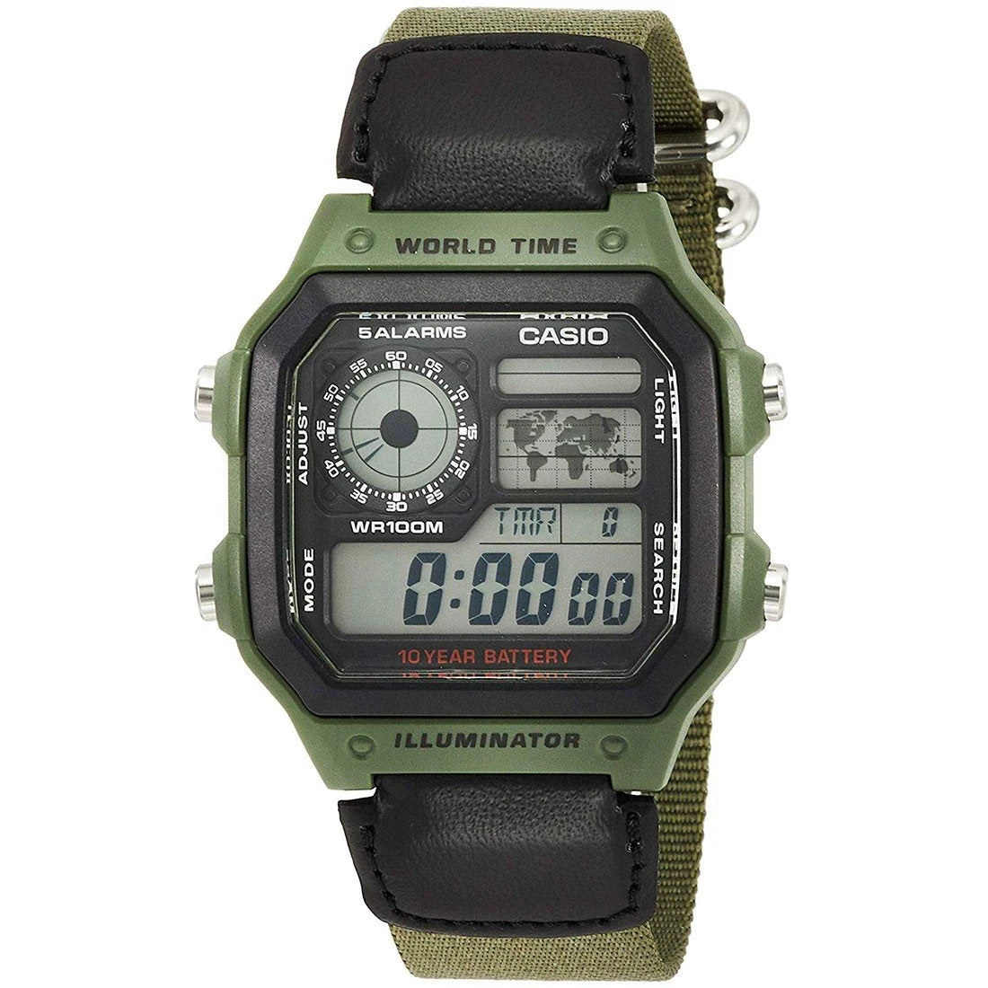 Casio Watch Digital World Time Illuminator Green Nato AE-1200WHB-3BVDF 3 Casio Watch Digital World Time Illuminator Green Nato AE-1200WHB-3BVDF