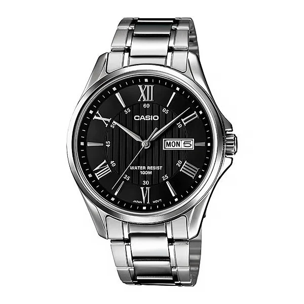 Casio Day Date 41mm Silver Men's Black Analogue Watch MTP-1384D-1AVDF 3 Casio Day Date 41mm Silver Men's Black Analogue Watch MTP-1384D-1AVDF