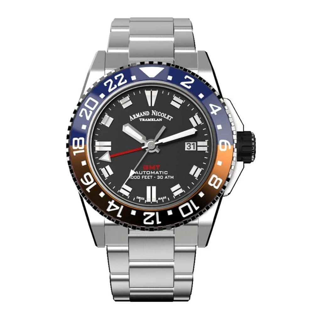 Armand Nicolet JS9-44 GMT Black Stainless Steel Red And Blue Bezel 3 Armand Nicolet JS9-44 GMT Black Stainless Steel Red And Blue Bezel