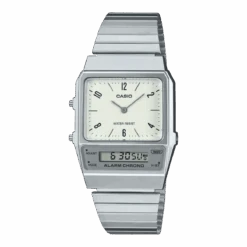 Casio Watch Vintage White Grey Dual Time Steel Flat Link AQ-800E-7A2DF